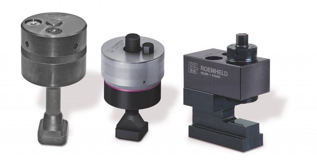 From left to right): hydro-mechanical clamping nut with clamping force display and continuous thread, followed by the mechanical version with clamping force display and through-hole and, on the right, a mechanical sliding clamp with clamping bolt.