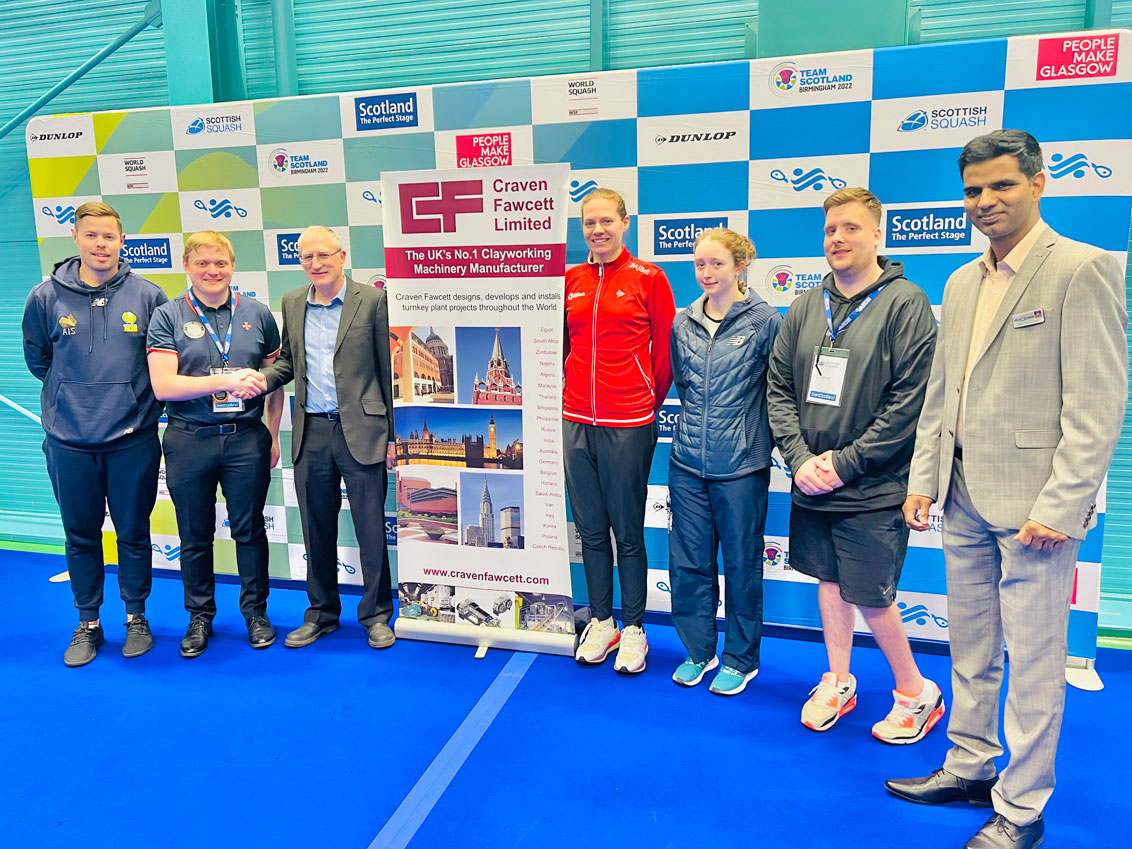 From left;  Zac Alexander - Australian leading Squash Player (2018 Commonwealth Games Doubles Gold Medallist); Steffan Gwyn - Scottish Squash World Championships Referee; Kevin Hall - Technical Manager, Craven Fawcett Ltd;  Sarah-Jane Perry - England Squash and World Number 5; Catherine Holland - Scottish Squash Young Coach and Referee; Jack Brodie - Scottish Squash Young People Programme Manager;  Raghunath Chandrasekaran - Commercial Director, Craven Fawcett Ltd.