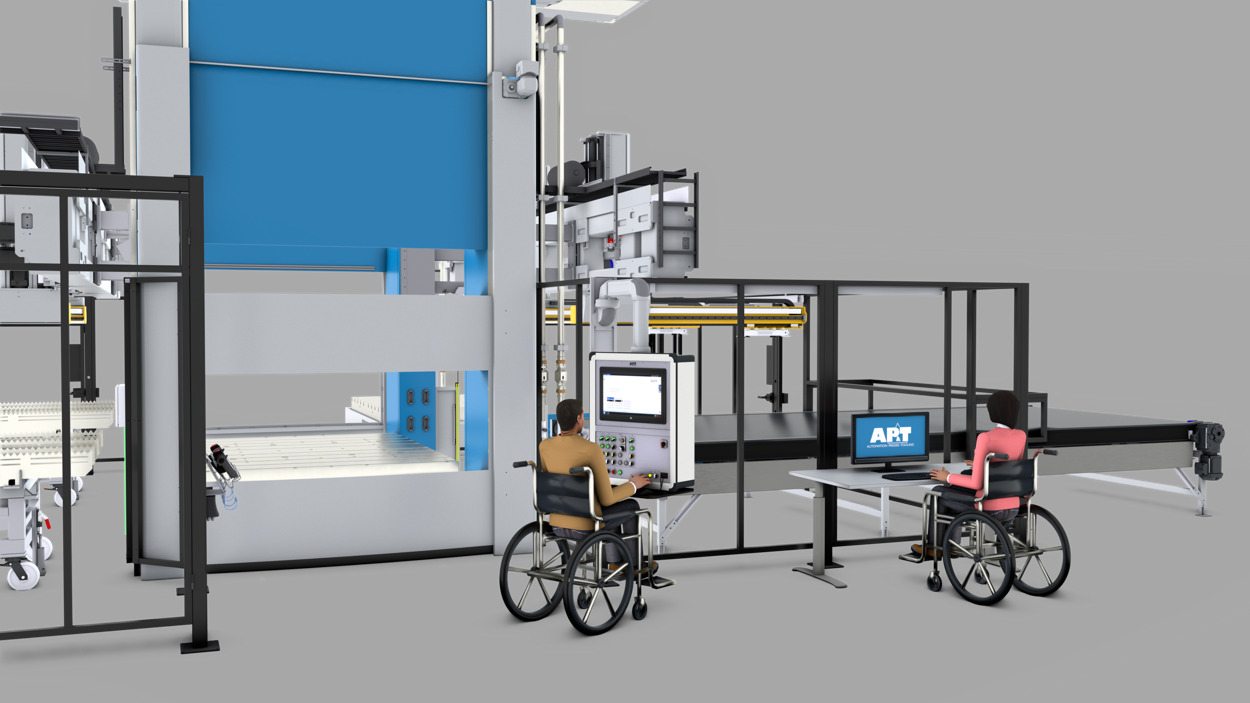 The new, accessibility-adapted press-hardening line from AP&T will have a larger free area in front of the control panel, making it easier for operators using a wheelchair.